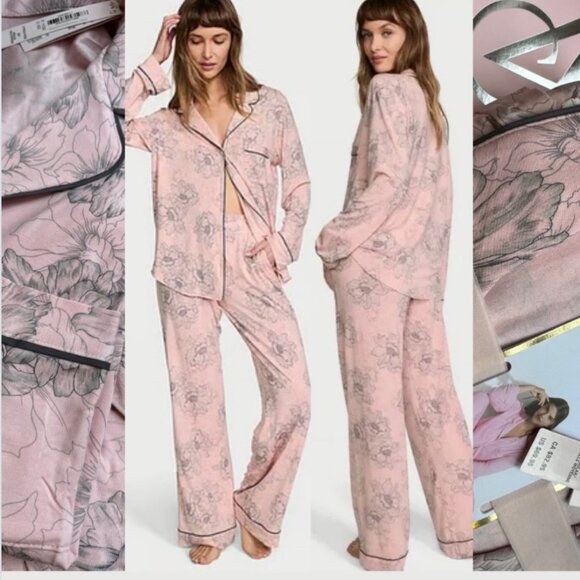 Victoria's Secret Modal Pajama Set Pink Floral Button Long Sleeve 2 piece S Tall - Picture 3 of 16